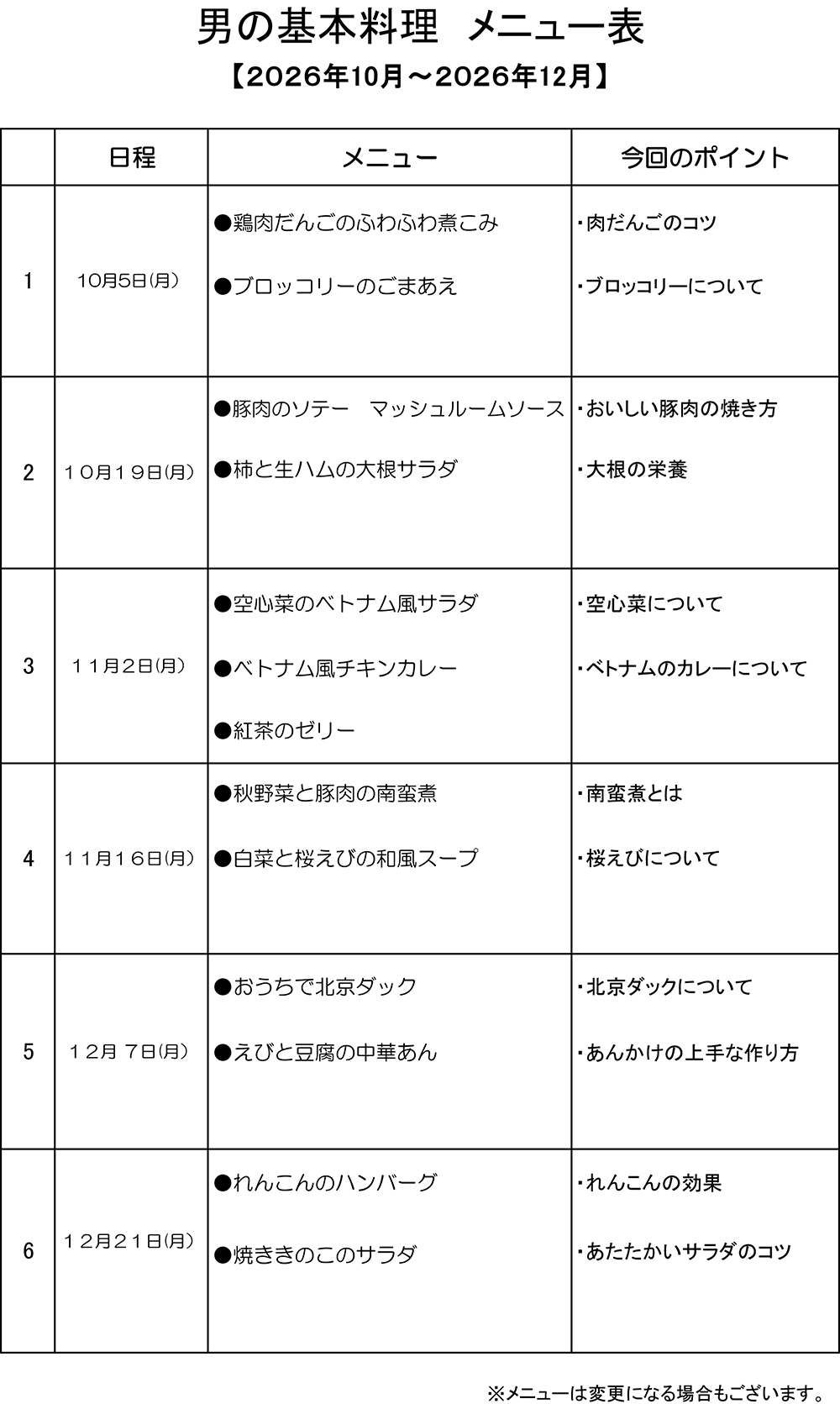 男の基本料理10月～12月のお知らせ